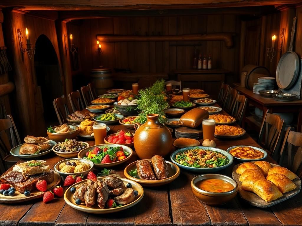 Flick International A rustic tavern table filled with hearty American dishes and ale