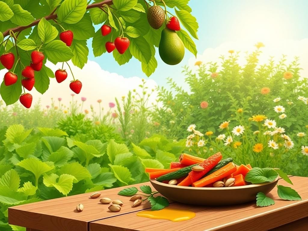 Flick International A vibrant vegetable patch showcasing kale, strawberries, and avocados in a serene outdoor garden.