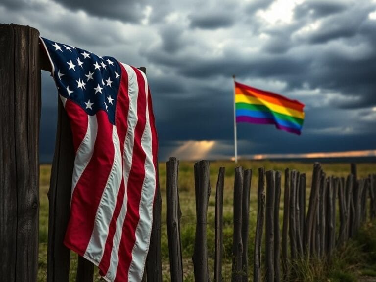 Flick International Close-up of a tattered American flag draped over a wooden fence with a rainbow flag in the background, symbolizing division and hope.