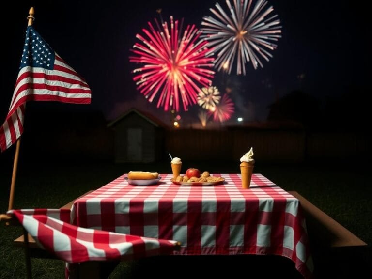 Flick International Empty picnic table set against a backdrop of Fourth of July fireworks