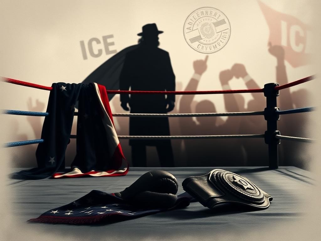 Flick International Boxing ring with American flag, championship belt, and blurred boxing gloves in conflict atmosphere