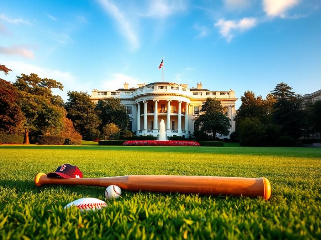 Flick International Boston Red Sox players visiting the White House with lush greenery and a baseball bat in the foreground