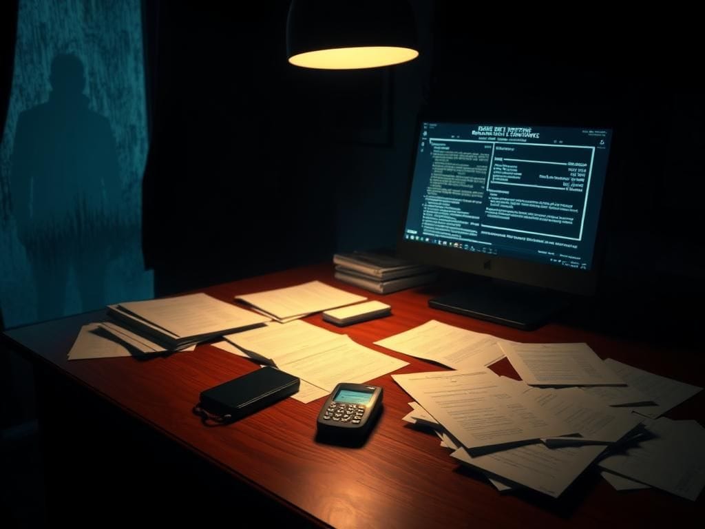 Flick International Dark, shadowy office environment with a wooden desk, classified documents, glowing computer screen, and a burner phone