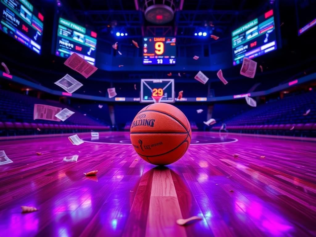 Flick International Dynamic basketball court scene at night with vibrant blue and purple lights