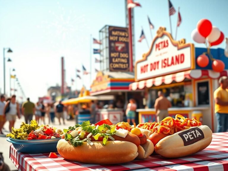 Flick International A colorful arrangement of vegan hot dogs on a picnic table surrounded by fresh toppings at Coney Island during the Fourth of July celebrations.