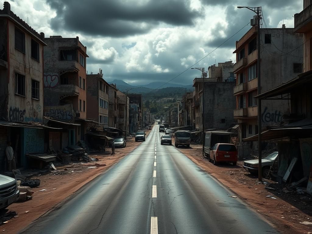 Flick International Desolate urban landscape of Port-au-Prince with crumbling buildings and graffiti