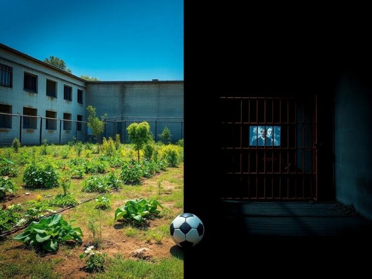 Flick International A contrasting prison scene in El Salvador, featuring a vibrant yard and a dark cell block