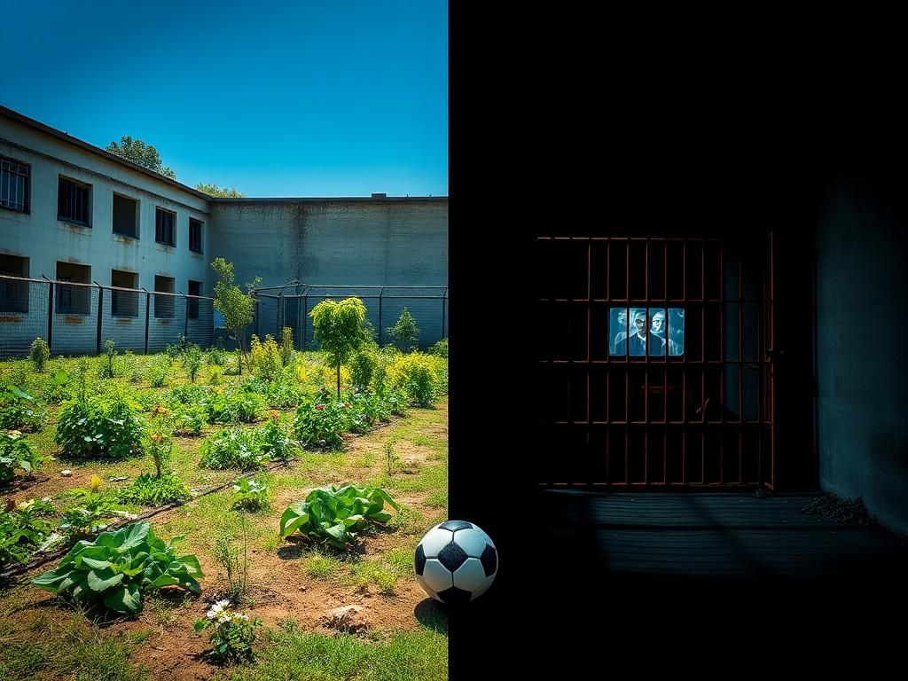 Flick International A contrasting prison scene in El Salvador, featuring a vibrant yard and a dark cell block