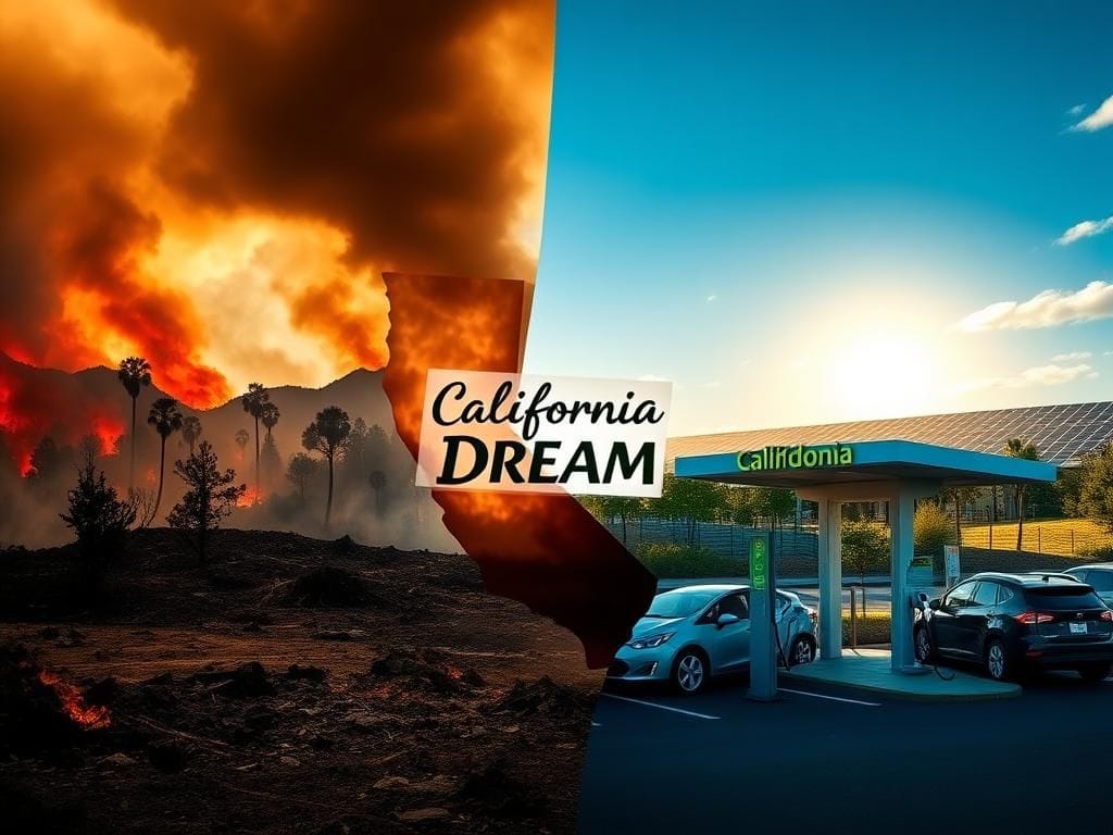 Flick International A split scene showcasing California's contrasting environments with wildfire devastation on one side and electric vehicles charging on the other.