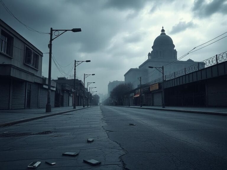 Flick International Urban landscape of Tehran showing empty buildings and closed shops under a gray sky