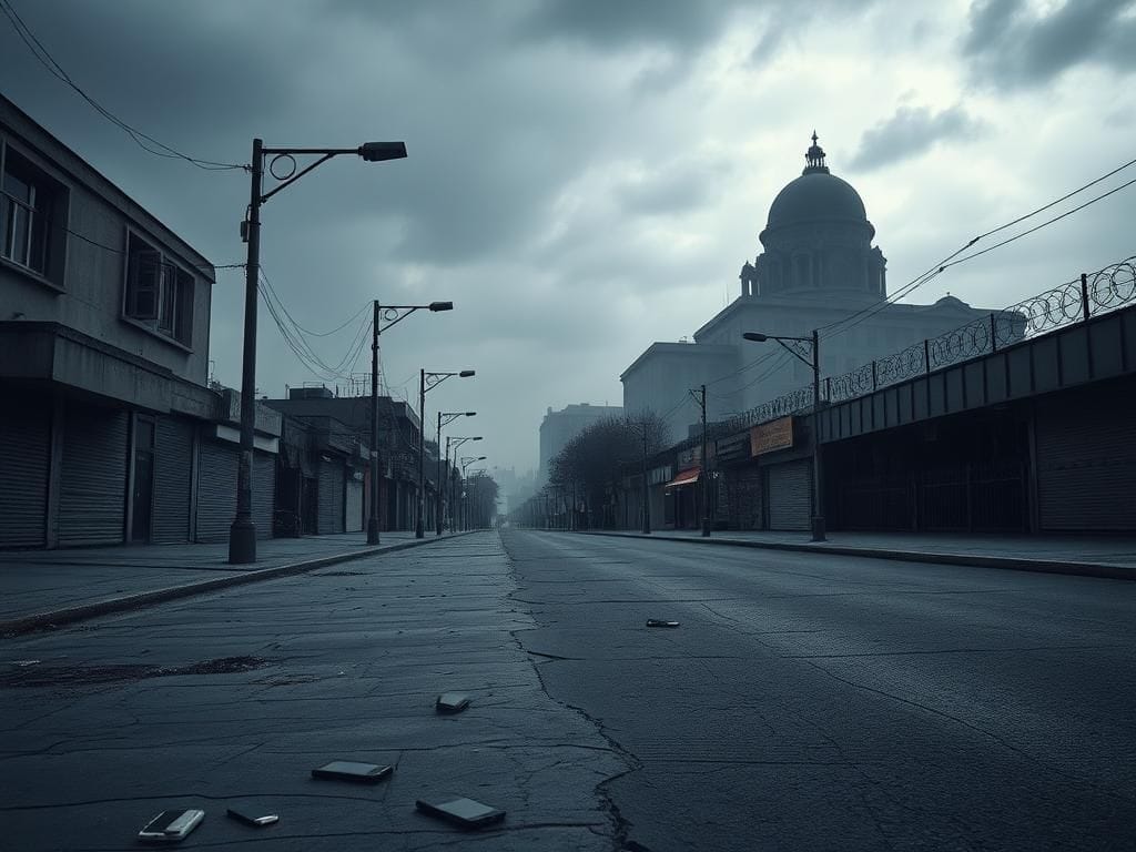 Flick International Urban landscape of Tehran showing empty buildings and closed shops under a gray sky