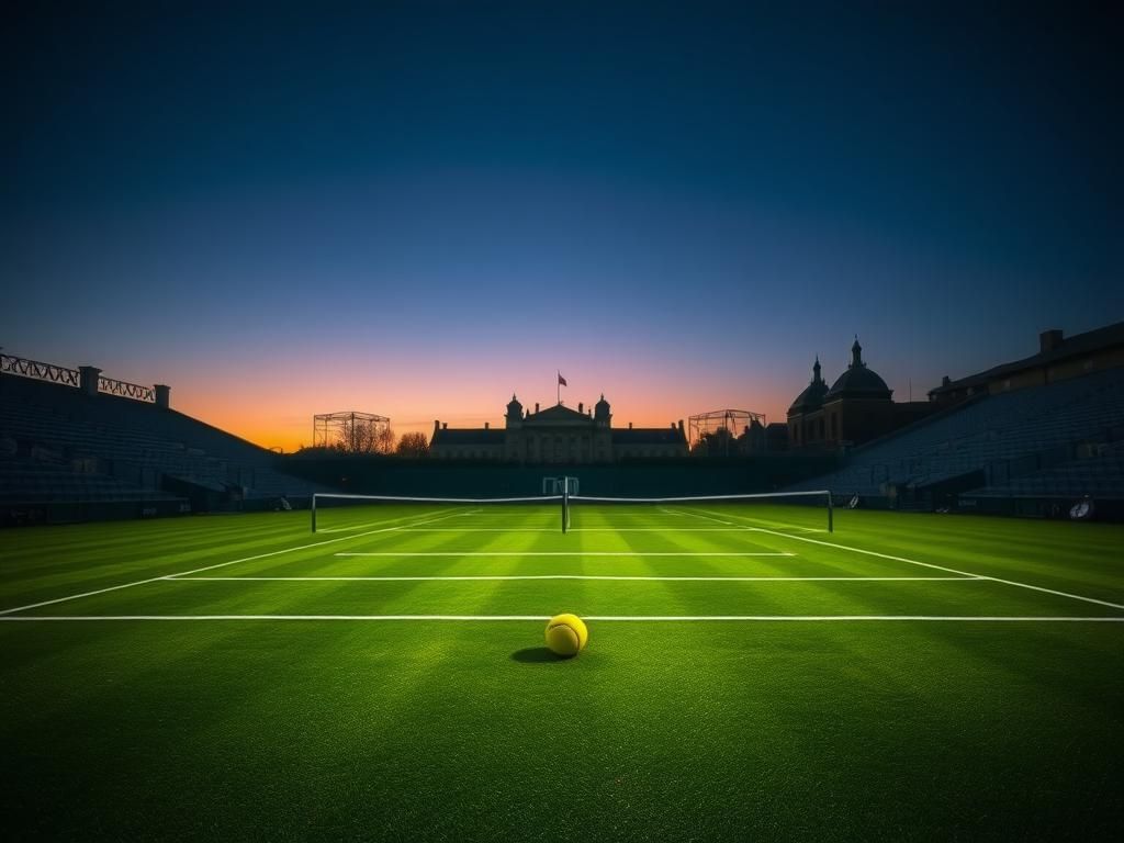 Flick International A twilight view of the Wimbledon tennis court with a solitary tennis ball and empty grandstands