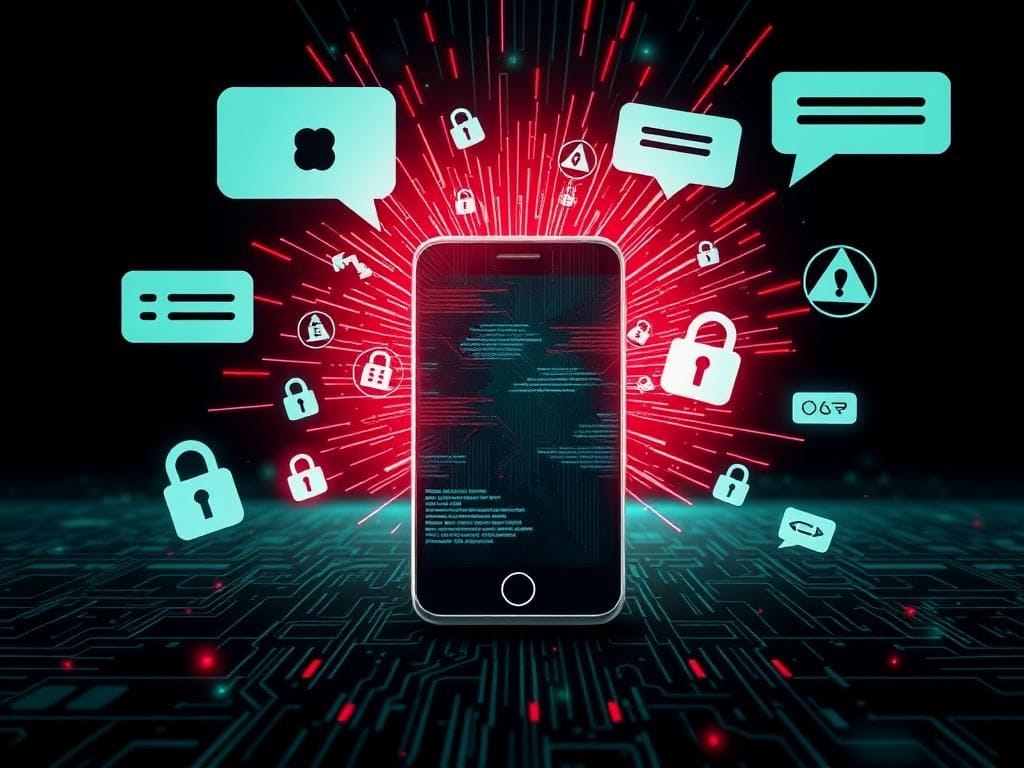 Flick International Smartphone emitting glitchy signals surrounded by digital security icons