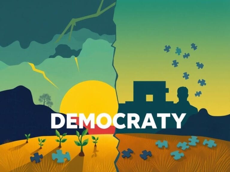 Flick International Colorful representation of Democratic Party's divided landscape with symbols of progress and shadows of conflict