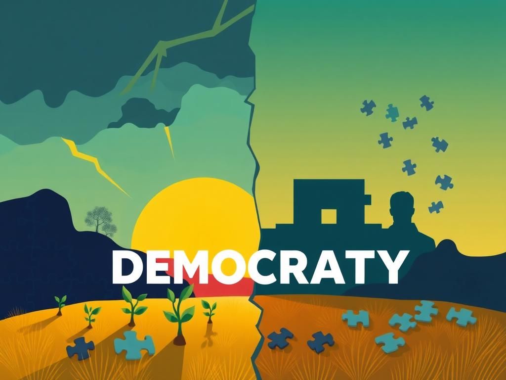 Flick International Colorful representation of Democratic Party's divided landscape with symbols of progress and shadows of conflict