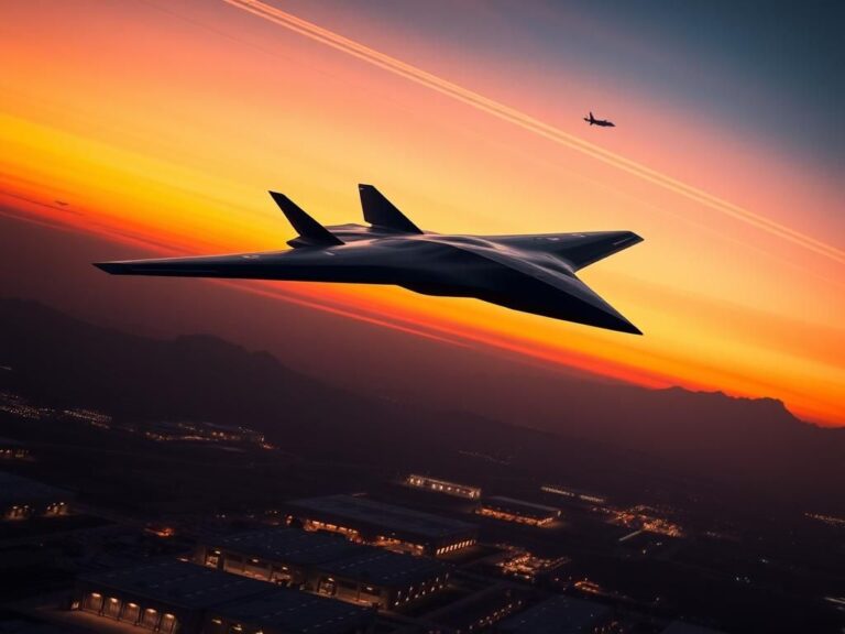 Flick International A sleek B-21 Raider stealth bomber soaring above a military complex at twilight