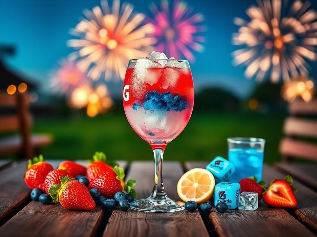 Flick International Vibrant red, white, and blue summer mocktail in a clear glass with festive fruits