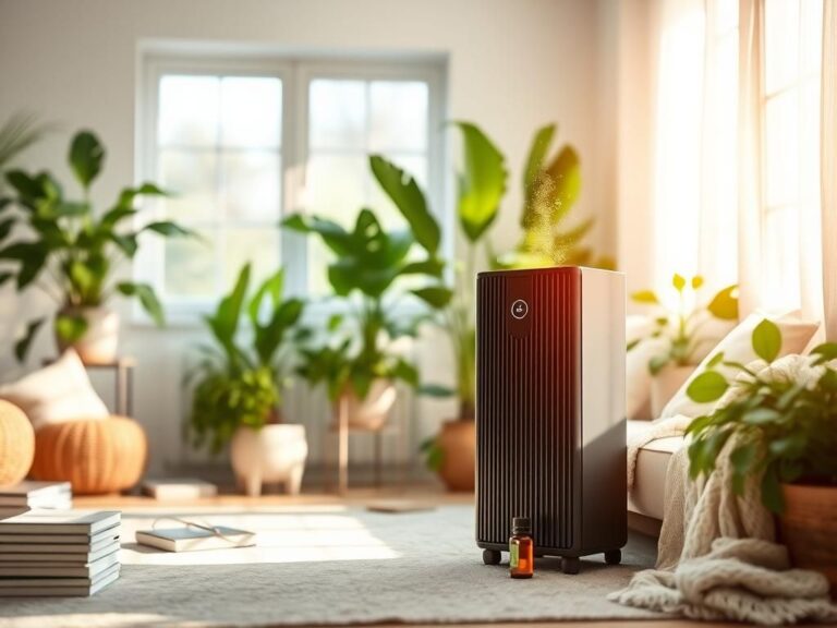 Flick International A stylish air purifier in a serene living room setting with indoor plants and soft lighting