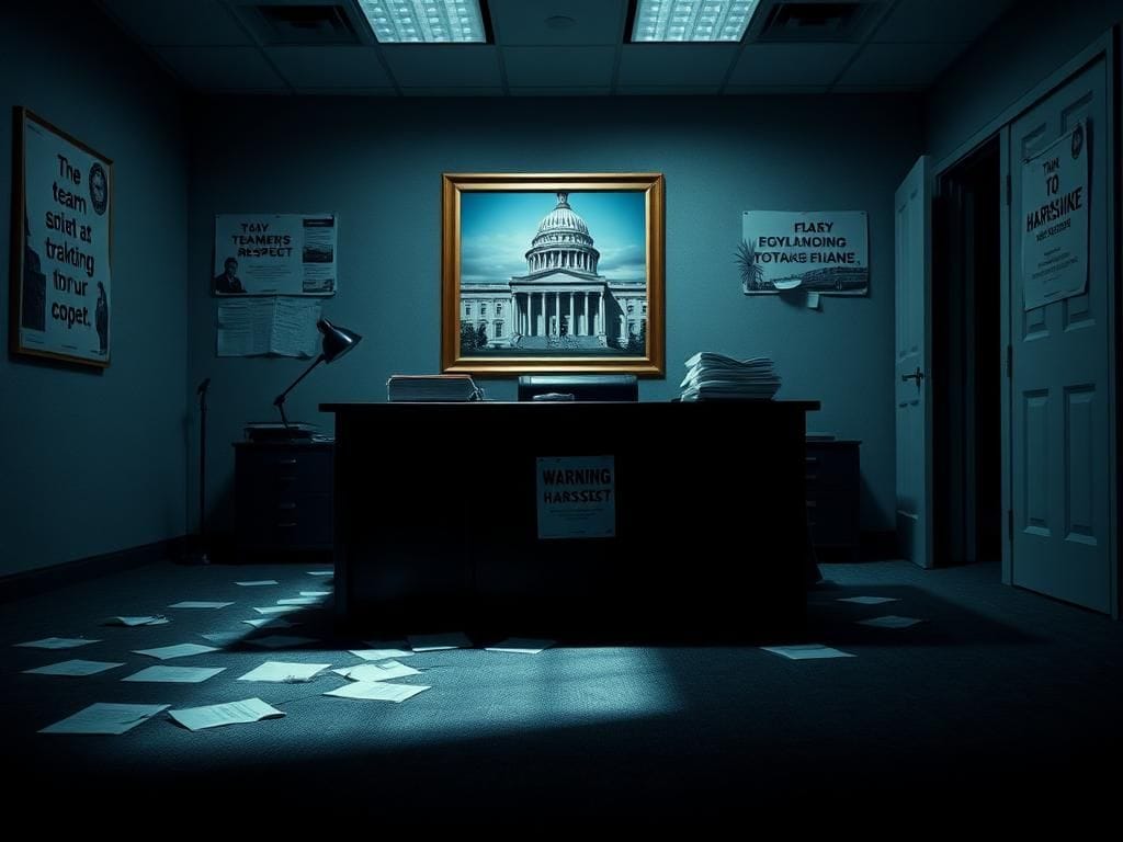 Flick International Dimly lit office space symbolizing workplace tension and harassment issues