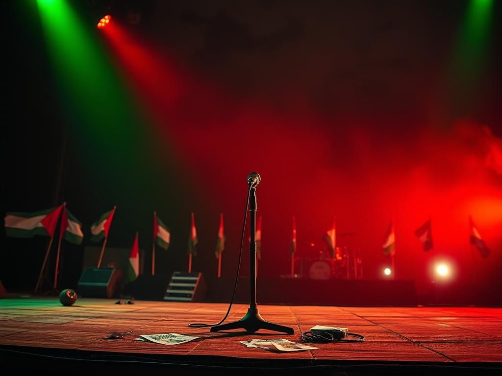 Flick International Dimly lit festival stage with an empty microphone stand and Palestinian flags