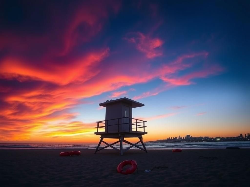 Flick International Sunset over a vacant lifeguard tower on Los Angeles beach with lifeguard equipment