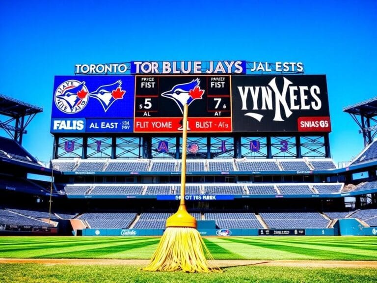 Flick International Toronto Blue Jays scoreboard showcasing first place in AL East standings against New York Yankees scoreboard