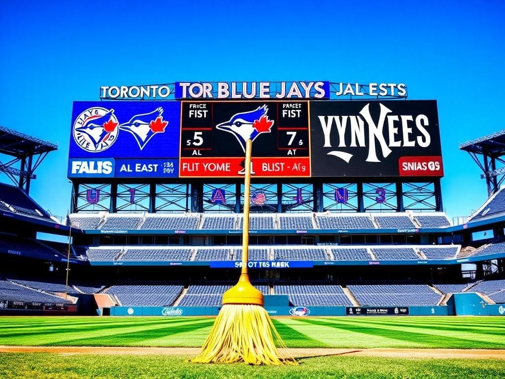 Flick International Toronto Blue Jays scoreboard showcasing first place in AL East standings against New York Yankees scoreboard