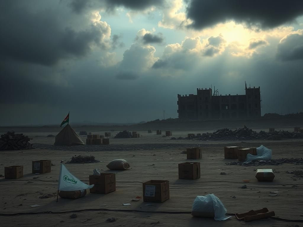 Flick International Humanitarian aid distribution site in Gaza with barren landscape and empty aid boxes