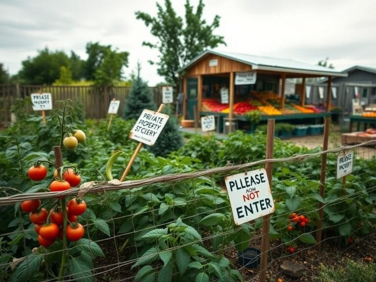 Flick International A vibrant garden filled with ripe vegetables and a chaotic scene of signs indicating private property.