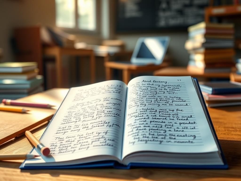 Flick International Close-up of an open blue book filled with handwritten notes on a wooden desk
