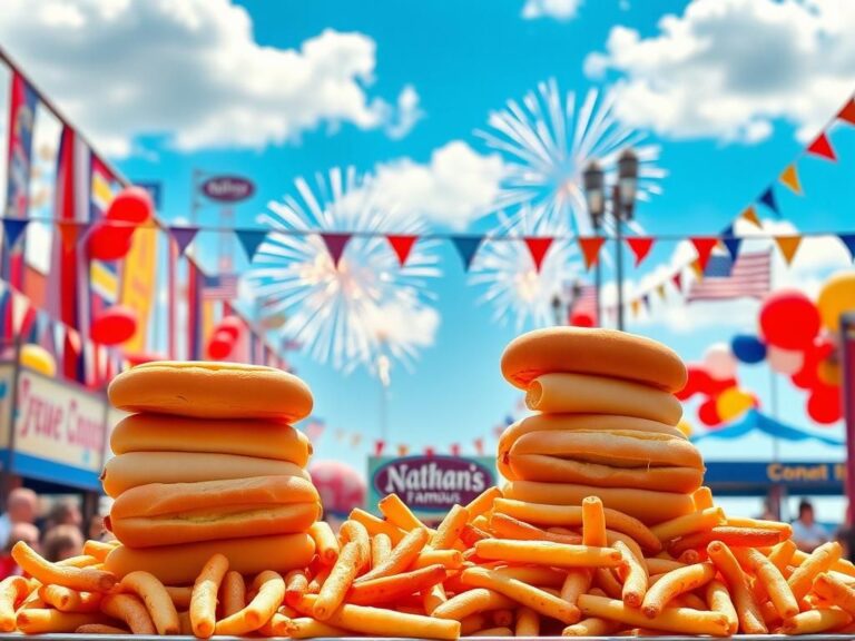 Flick International A vibrant outdoor setting at Coney Island with a platter of hot dogs on the Fourth of July