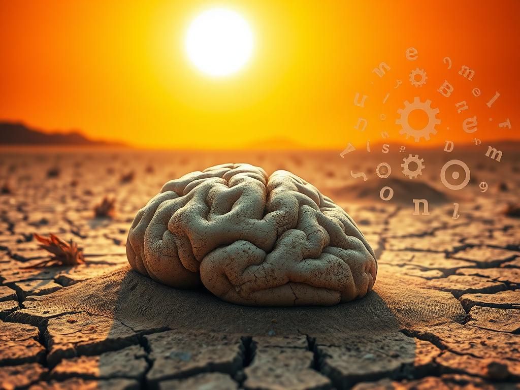 Flick International Close-up of a sunbaked landscape with cracked earth and wilted plants symbolizing extreme heat's impact on mental health