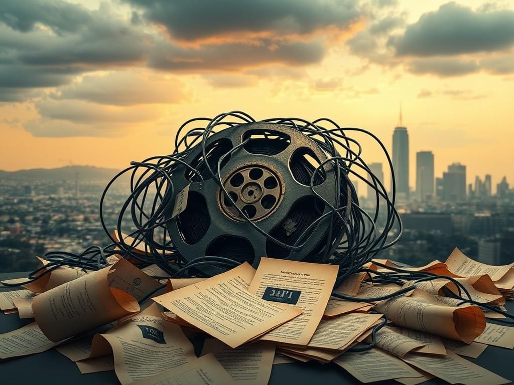 Flick International Vintage Hollywood film reel tangled in circuit board lines symbolizing the intersection of creativity and technology.