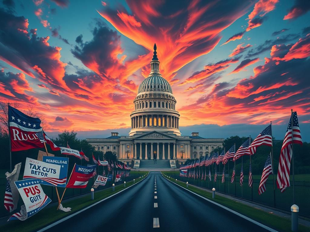 Flick International Stylized depiction of the U.S. Capitol building against a twilight sky with political symbols surrounding it.