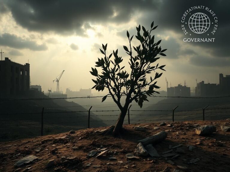 Flick International Abstract interpretation of a broken olive tree in a fractured landscape symbolizing the Israeli-Palestinian conflict.