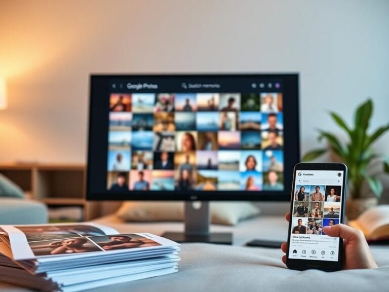 Flick International A vibrant digital workspace showcasing photo thumbnails on a computer screen with a natural language search query.