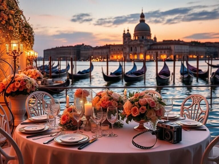 Flick International Opulent wedding scene at San Giorgio Maggiore in Venice showcasing a luxurious dining area with floral arrangements and fairy lights