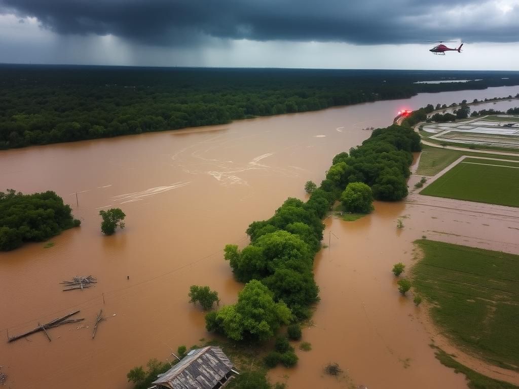 Flick International Aerial view of a swollen Guadalupe River showing flooded areas and emergency rescue efforts