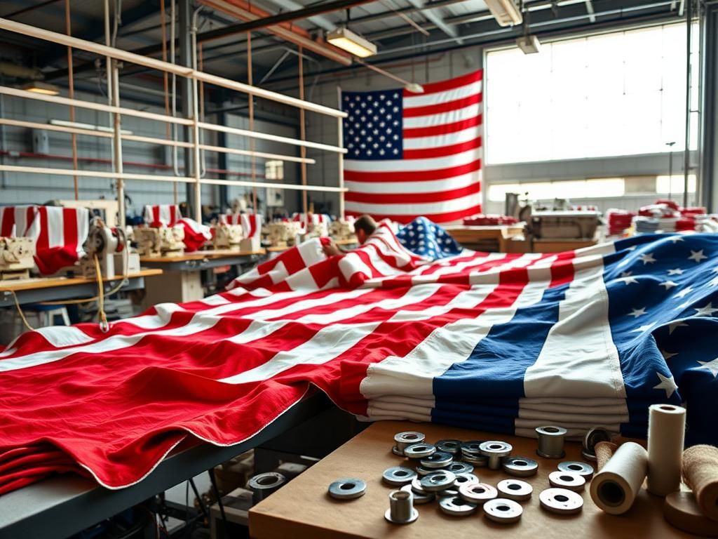Flick International American flags being crafted by skilled technicians using dyed cotton at Allied Materials in Missouri