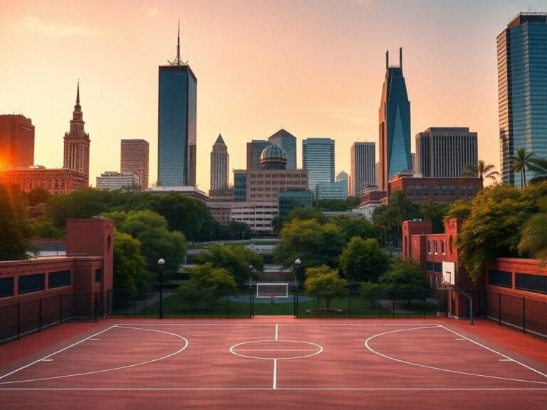 Flick International Vibrant urban landscapes of Cleveland and Detroit featuring iconic skylines and a basketball court