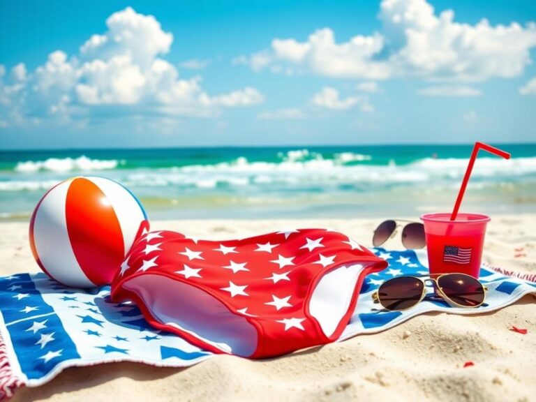 Flick International Red and white star-patterned bikini on sandy shore for Fourth of July celebration