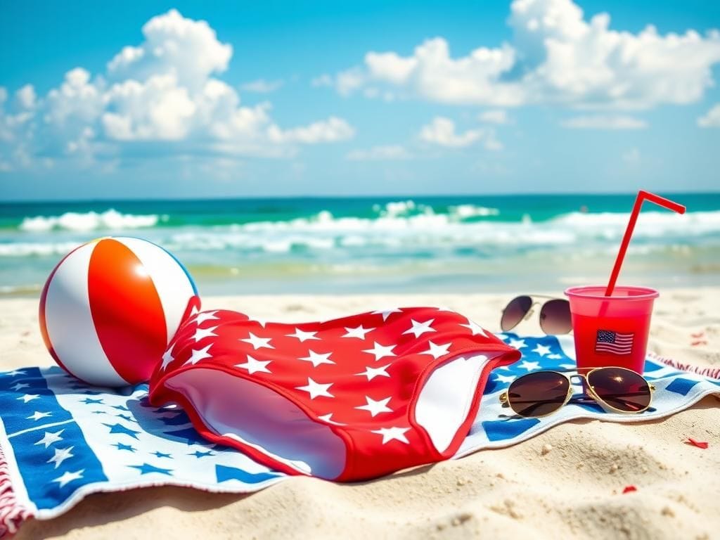 Flick International Red and white star-patterned bikini on sandy shore for Fourth of July celebration