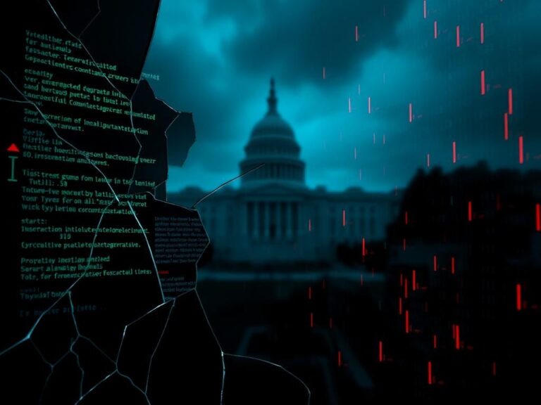 Flick International A dark digital landscape illustrating cyber warfare with fragmented screens and encrypted emails.