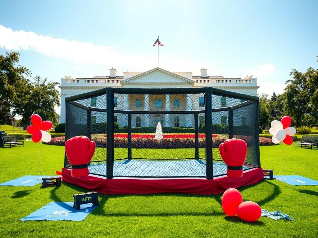 Flick International A vibrant scene at the White House featuring an octagonal UFC cage decorated in red, white, and blue.
