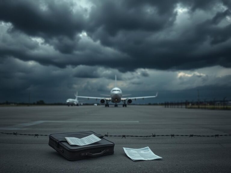 Flick International A desolate airport tarmac with abandoned belongings symbolizing the plight of migrants facing deportation.
