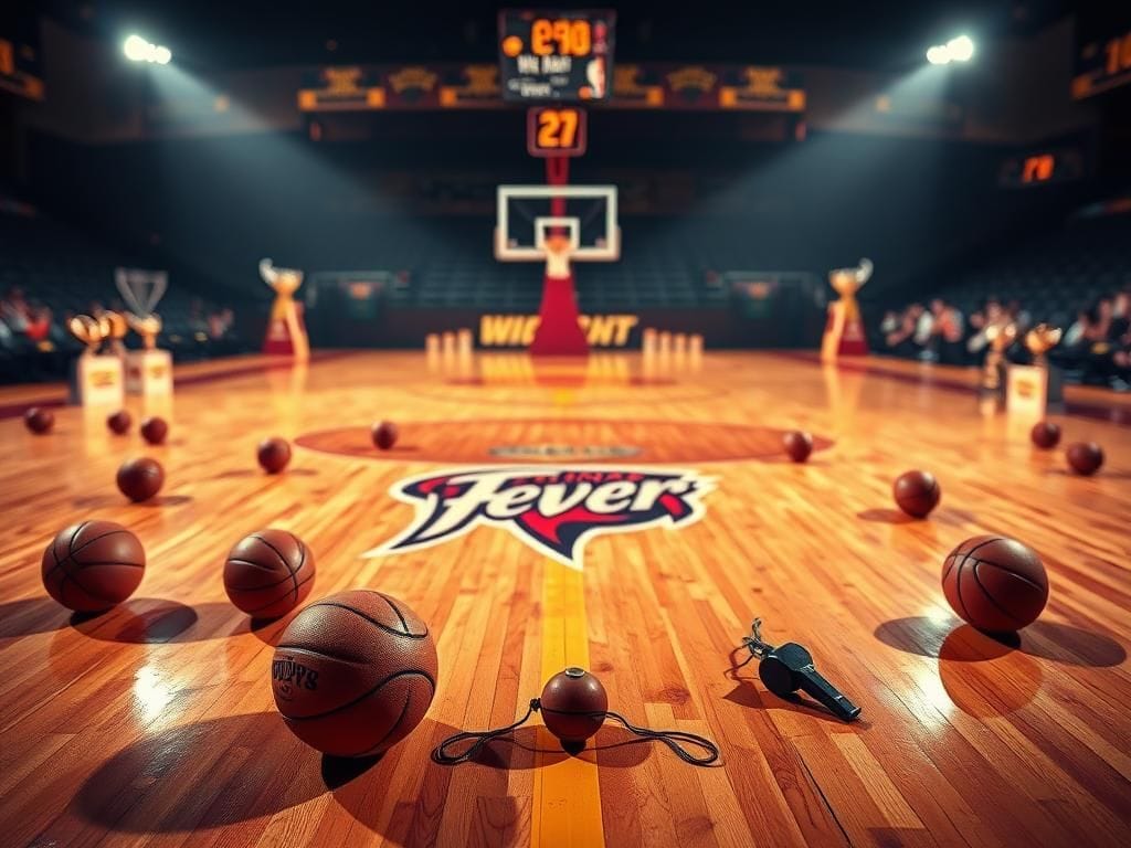 Flick International Basketball court with Indiana Fever logo, game balls, and referee's whistle symbolizing game intensity
