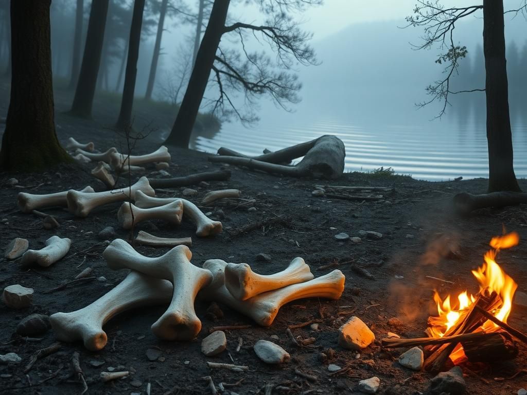 Flick International Neanderthal food preparation scene with animal bones and fire remnants