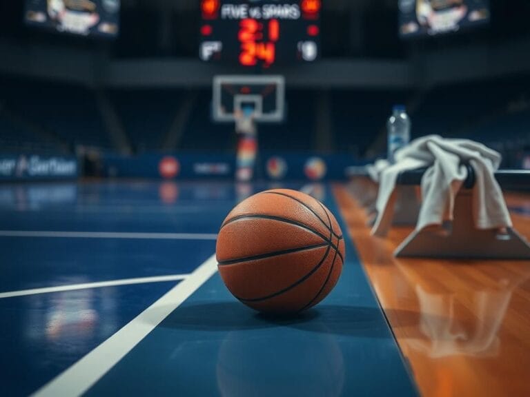 Flick International Close-up of a basketball court with a slightly worn basketball and blurred scoreboard