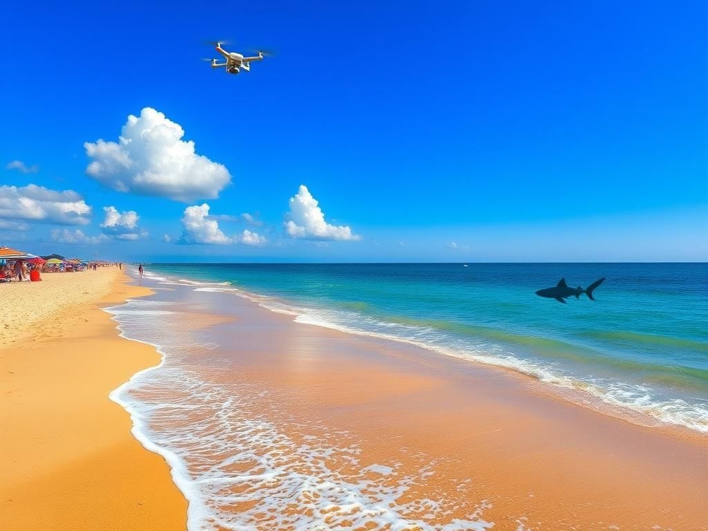 Flick International Serene beach scene at Far Rockaway with a shark silhouette and drone surveillance