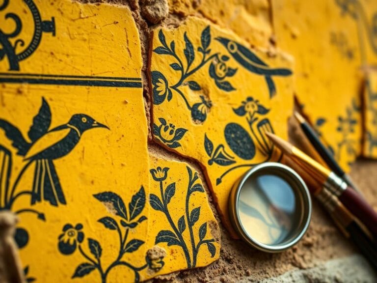 Flick International Close-up of reconstructed Roman wall plaster fragments showcasing vibrant fresco designs